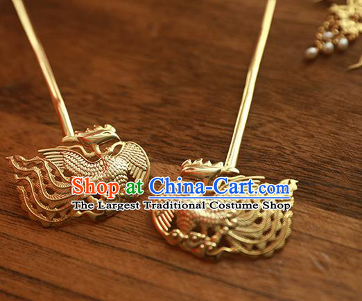 China Handmade Ancient Court Empress Golden Phoenix Hairpin Traditional Palace Hair Jewelry Ming Dynasty Hair Stick