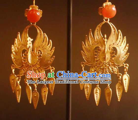Handmade Chinese Ming Dynasty Golden Phoenix Earrings Traditional Accessories Ancient Court Hanfu Corallite Ear Jewelry