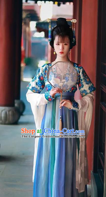 China Traditional Tang Dynasty Royal Princess Historical Clothing Ancient Palace Lady Blue Hanfu Dress
