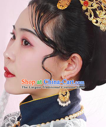 Handmade Chinese Ancient Court Hanfu Pearls Tassel Ear Jewelry Wedding Golden Earrings Traditional Accessories