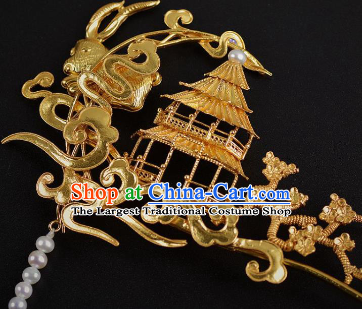 China Ancient Empress Golden Palace Hairpin Handmade Hair Jewelry Traditional Ming Dynasty Beads Tassel Hair Stick
