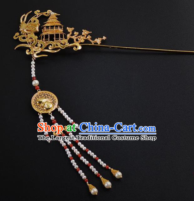 China Ancient Empress Golden Palace Hairpin Handmade Hair Jewelry Traditional Ming Dynasty Beads Tassel Hair Stick