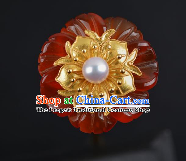 China Traditional Ming Dynasty Agate Hair Stick Handmade Hair Jewelry Ancient Princess Red Flower Hairpin