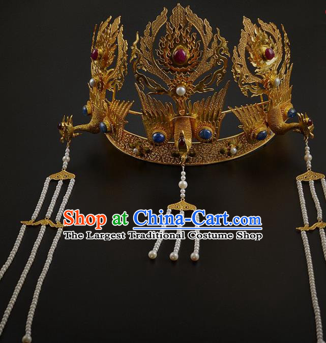 China Traditional Ming Dynasty Phoenix Coronet Handmade Hair Jewelry Ancient Empress Tassel Hair Crown