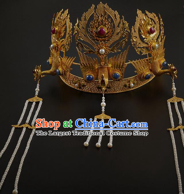 China Traditional Ming Dynasty Phoenix Coronet Handmade Hair Jewelry Ancient Empress Tassel Hair Crown