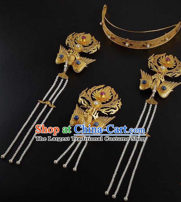 China Traditional Ming Dynasty Phoenix Coronet Handmade Hair Jewelry Ancient Empress Tassel Hair Crown