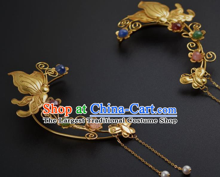 Handmade Chinese Ancient Court Golden Butterfly Ear Jewelry Traditional Ming Dynasty Tassel Earrings Accessories