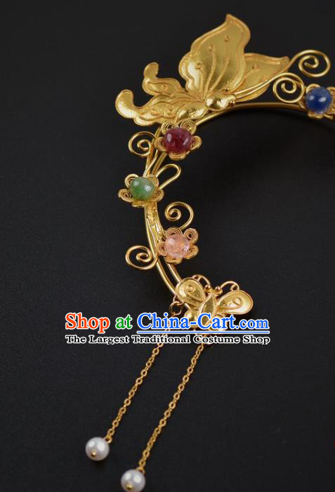 Handmade Chinese Ancient Court Golden Butterfly Ear Jewelry Traditional Ming Dynasty Tassel Earrings Accessories