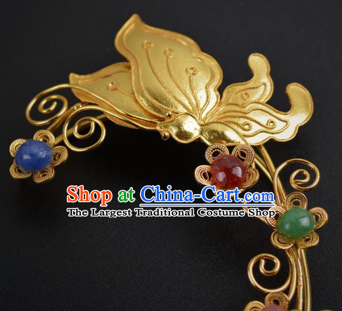 Handmade Chinese Ancient Court Golden Butterfly Ear Jewelry Traditional Ming Dynasty Tassel Earrings Accessories