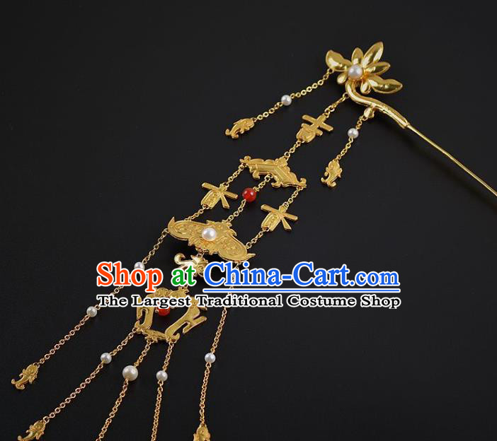 China Ancient Empress Golden Lotus Hairpin Handmade Palace Hair Jewelry Traditional Ming Dynasty Tassel Hair Stick