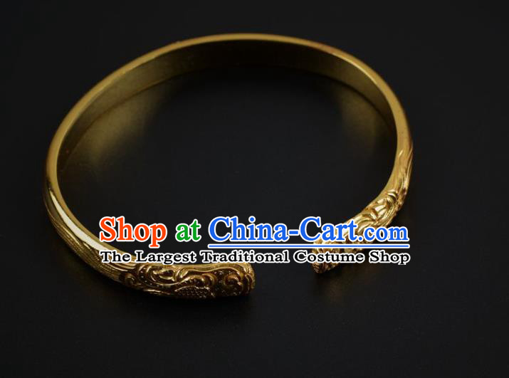 Handmade Chinese Ancient Court Golden Bracelet Jewelry Traditional Tang Dynasty Carving Bangle Accessories