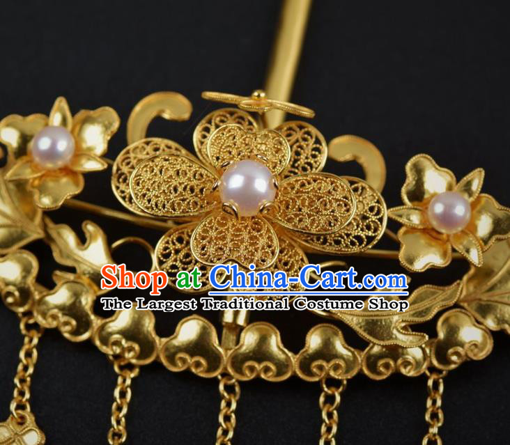China Traditional Tang Dynasty Tassel Hairpin Handmade Hair Jewelry Ancient Empress Golden Peony Pearls Hair Stick