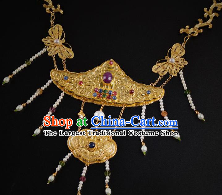 Handmade Chinese Ancient Court Queen Gems Necklace Jewelry Traditional Ming Dynasty Pearls Golden Necklet Accessories