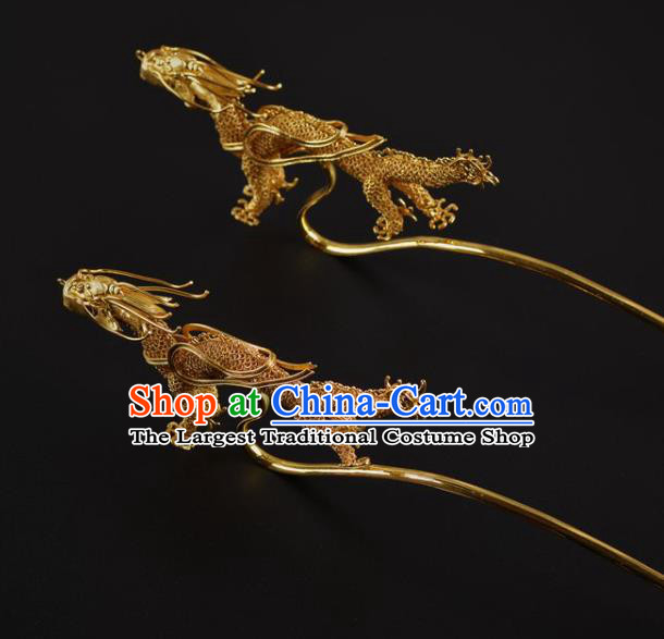 China Traditional Ming Dynasty Filigree Golden Dragon Hairpin Handmade Hair Jewelry Ancient Empress Hair Stick