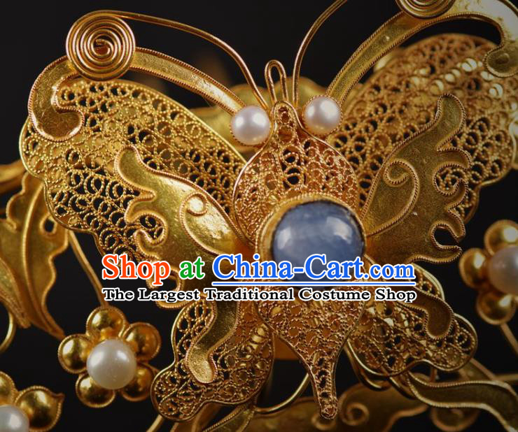 China Ancient Empress Golden Butterfly Hair Crown Traditional Ming Dynasty Palace Pearls Hairpin Handmade Hair Jewelry