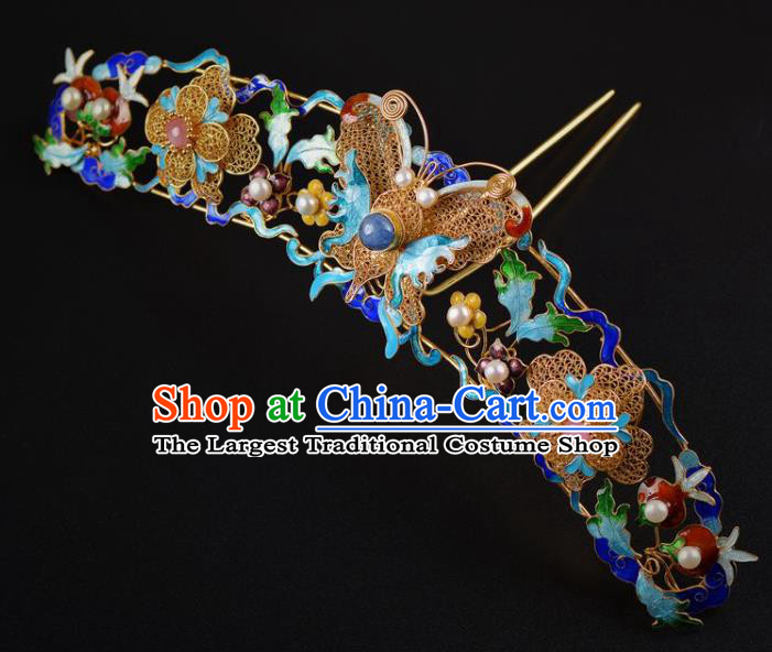 China Traditional Qing Dynasty Palace Pearls Hairpin Handmade Hair Jewelry Ancient Empress Cloisonn Butterfly Hair Crown