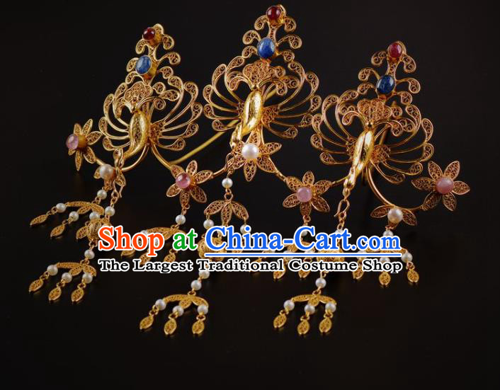 China Handmade Hair Jewelry Ancient Empress Phoenix Hairpin Traditional Tang Dynasty Palace Tassel Hair Crown