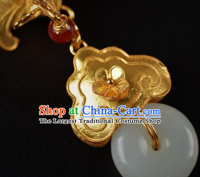 Handmade Chinese Traditional Qing Dynasty Palace Golden Phoenix Earrings Accessories Ancient Court Empress Jade Ring Ear Jewelry