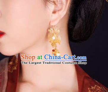 Handmade Chinese Traditional Qing Dynasty Palace Golden Phoenix Earrings Accessories Ancient Court Empress Jade Ring Ear Jewelry