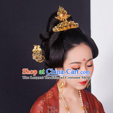 China Handmade Hair Jewelry Ancient Empress Golden Flame Hairpin Traditional Ming Dynasty Palace Gems Hair Crown
