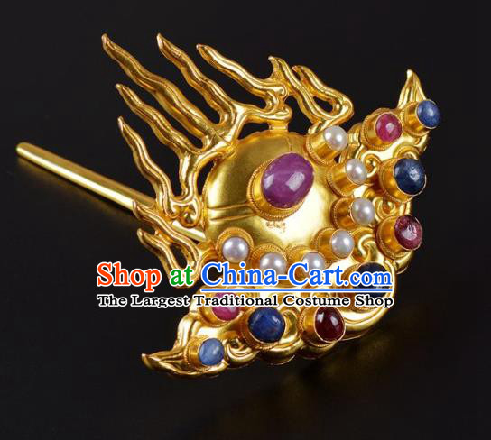 China Handmade Hair Jewelry Ancient Empress Golden Flame Hairpin Traditional Ming Dynasty Palace Gems Hair Crown