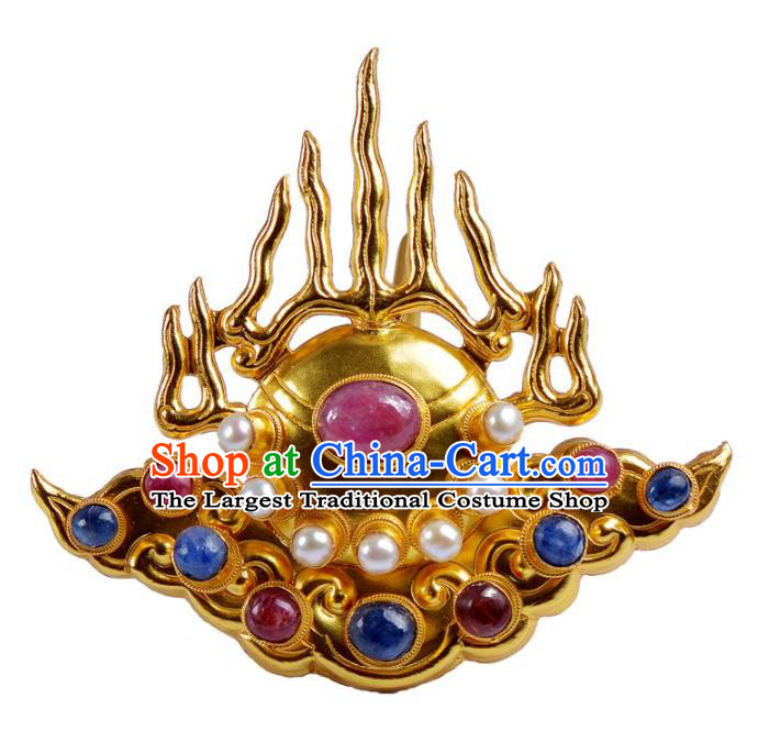China Handmade Hair Jewelry Ancient Empress Golden Flame Hairpin Traditional Ming Dynasty Palace Gems Hair Crown