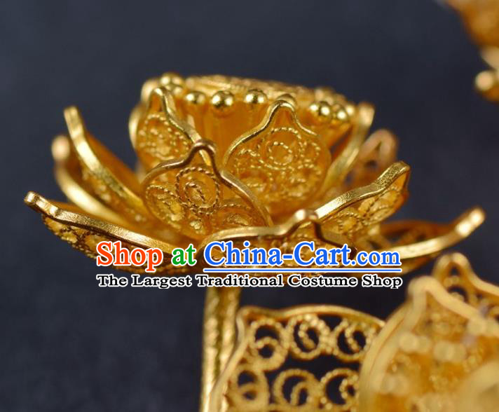 China Traditional Ming Dynasty Palace Agate Hair Stick Handmade Hair Jewelry Ancient Empress Golden Lotus Dragonfly Tassel Hairpin