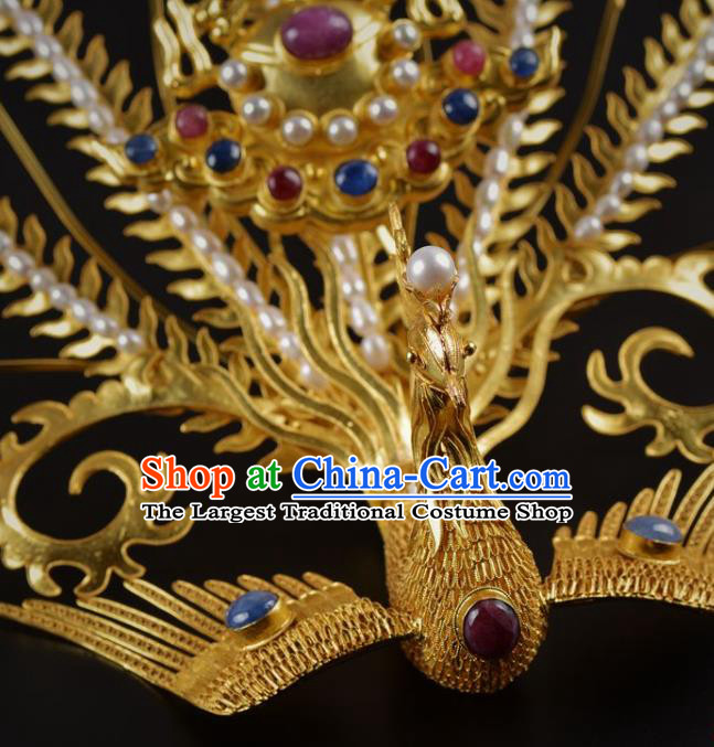 China Traditional Ming Dynasty Golden Hairpin Handmade Hair Jewelry Ancient Empress Pearls Phoenix Hair Crown