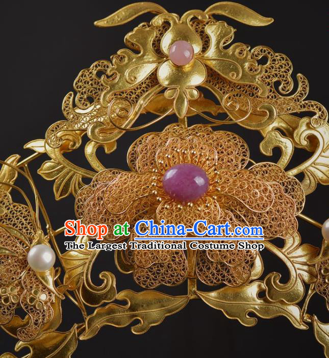 China Traditional Tang Dynasty Golden Peony Hairpin Handmade Hair Jewelry Ancient Empress Filigree Golden Hair Crown