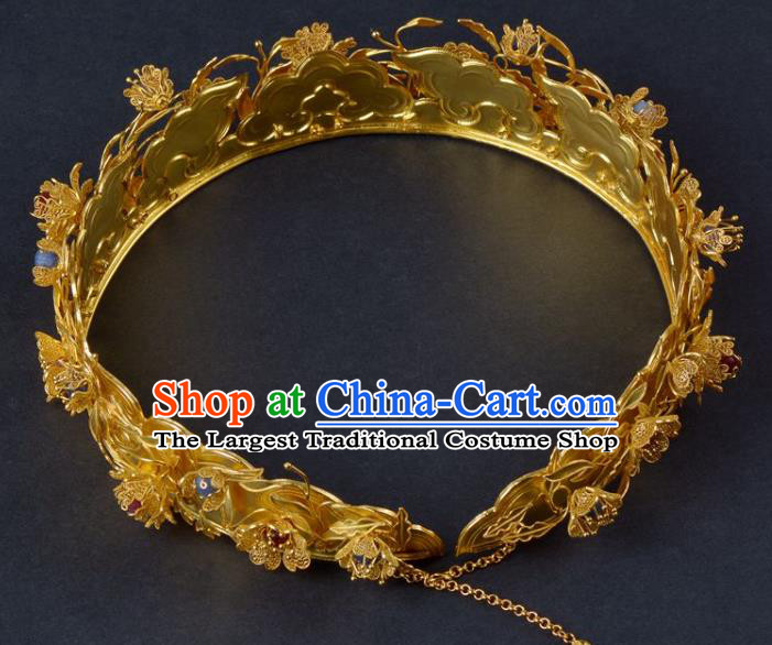 China Traditional Ming Dynasty Palace Golden Hair Crown Handmade Hair Jewelry Ancient Empress Gems Hairpin Hair Clasp