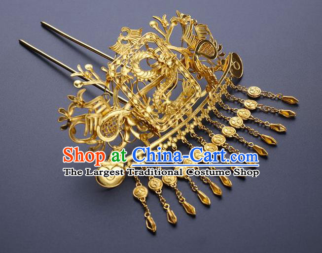 Traditional China Ancient Empress Golden Tassel Hairpin Handmade Hair Ornament Ming Dynasty Palace Hair Comb