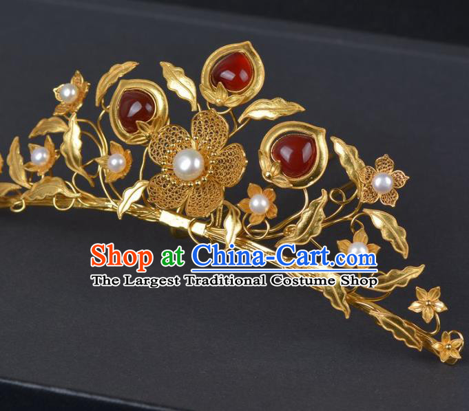 China Ancient Empress Golden Plum Hairpin Traditional Ming Dynasty Palace Agate Hair Crown Handmade Hair Jewelry