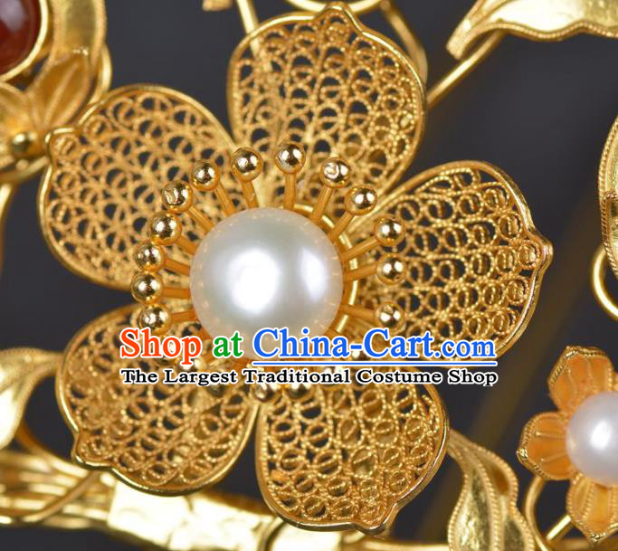 China Ancient Empress Golden Plum Hairpin Traditional Ming Dynasty Palace Agate Hair Crown Handmade Hair Jewelry