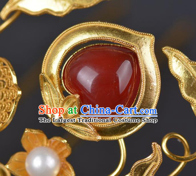 China Ancient Empress Golden Plum Hairpin Traditional Ming Dynasty Palace Agate Hair Crown Handmade Hair Jewelry