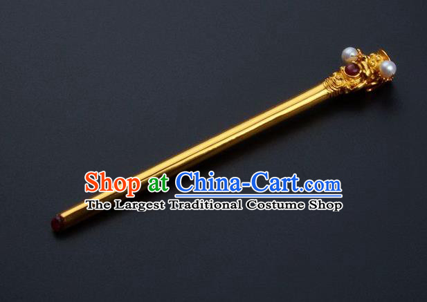 Traditional China Qing Dynasty Palace Golden Hair Stick Ancient Empress Pearls Hairpin Handmade Hair Ornament