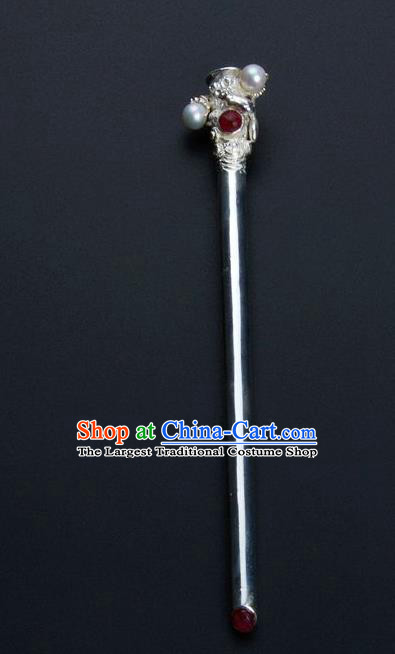 Traditional China Ancient Empress Pearls Hairpin Handmade Hair Ornament Qing Dynasty Palace Silver Hair Stick