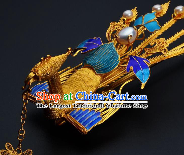 Traditional China Ancient Empress Golden Tassel Hairpin Handmade Hair Ornament Qing Dynasty Palace Cloisonne Phoenix Hair Stick