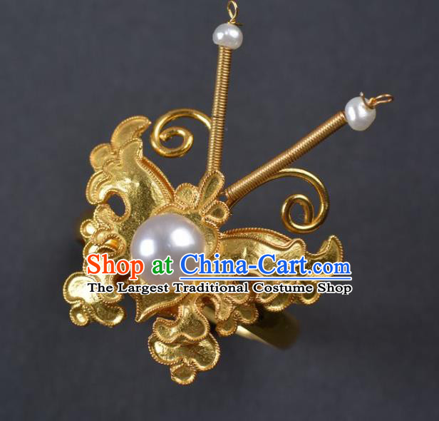 Handmade Chinese Ancient Court Empress Pearls Ring Jewelry Traditional Qing Dynasty Golden Butterfly Ring Accessories