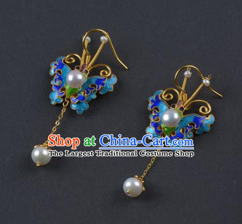 Handmade Chinese Traditional Qing Dynasty Court Blueing Butterfly Earrings Accessories Ancient Empress Pearls Ear Jewelry
