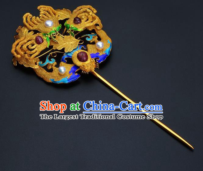 Traditional China Ancient Empress Filigree Bat Hairpin Handmade Hair Ornament Qing Dynasty Palace Ruby Golden Hair Stick