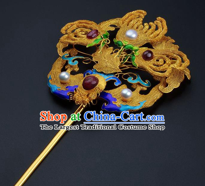 Traditional China Ancient Empress Filigree Bat Hairpin Handmade Hair Ornament Qing Dynasty Palace Ruby Golden Hair Stick