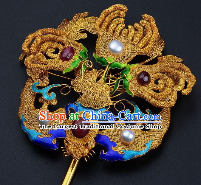 Traditional China Ancient Empress Filigree Bat Hairpin Handmade Hair Ornament Qing Dynasty Palace Ruby Golden Hair Stick