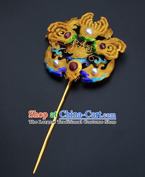 Traditional China Ancient Empress Filigree Bat Hairpin Handmade Hair Ornament Qing Dynasty Palace Ruby Golden Hair Stick