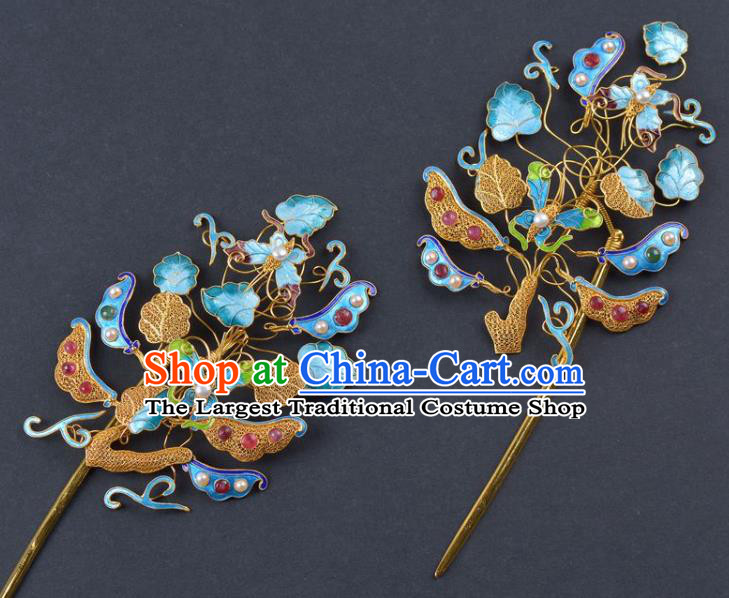 China Ancient Empress Enamel Hairpin Traditional Qing Dynasty Palace Gems Pearls Hair Stick Handmade Hair Jewelry