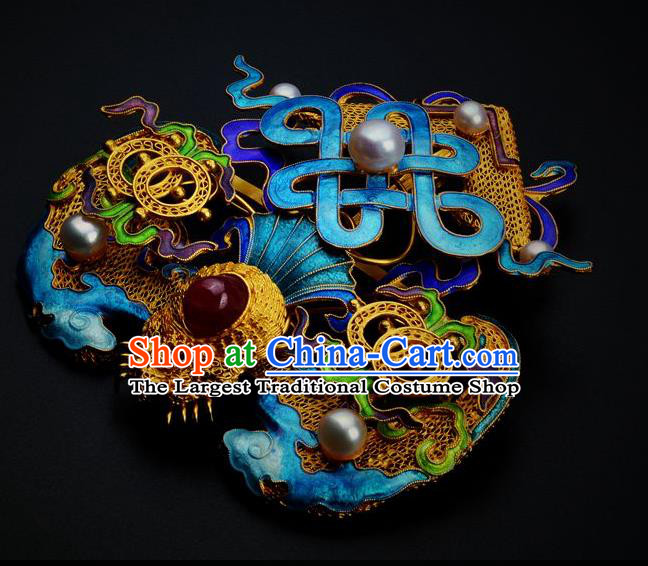 Traditional China Ancient Empress Cloisonne Hairpin Handmade Hair Ornament Qing Dynasty Palace Filigree Bat Hair Crown
