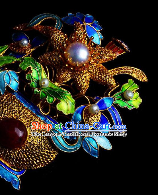 Handmade Chinese Traditional Qing Dynasty Filigree Breastpin Pearls Accessories Ancient Empress Cloisonne Brooch Jewelry