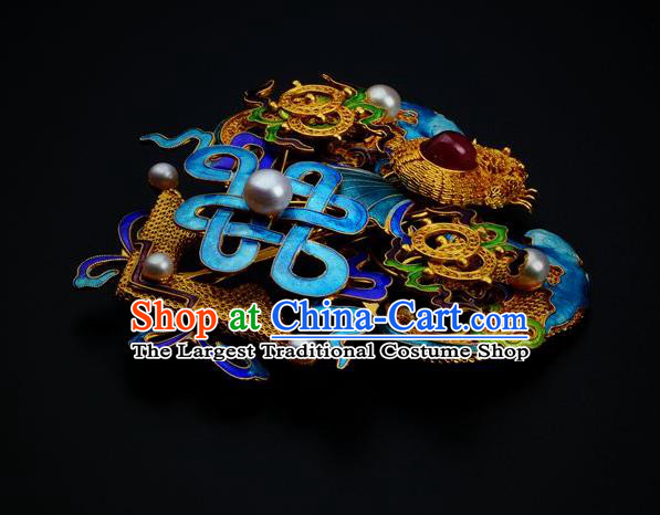 Traditional China Ancient Empress Cloisonne Hairpin Handmade Hair Ornament Qing Dynasty Palace Filigree Bat Hair Crown