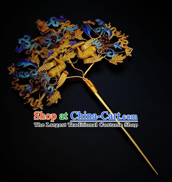 Traditional China Ancient Empress Filigree Phoenix Hairpin Handmade Hair Ornament Qing Dynasty Palace Cloisonne Hair Stick