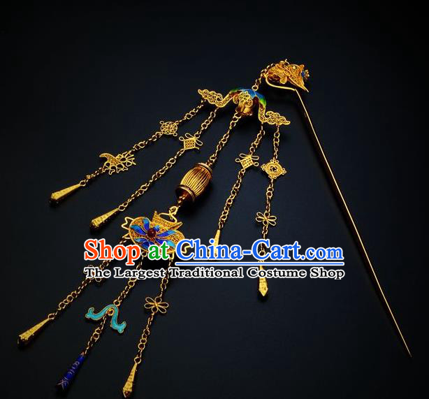 Traditional China Ancient Empress Golden Phoenix Hairpin Handmade Hair Ornament Qing Dynasty Palace Cloisonne Tassel Hair Stick