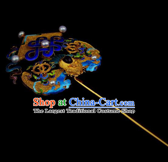 Traditional China Ancient Empress Cloisonne Pearls Hairpin Handmade Hair Ornament Qing Dynasty Palace Golden Bat Hair Stick